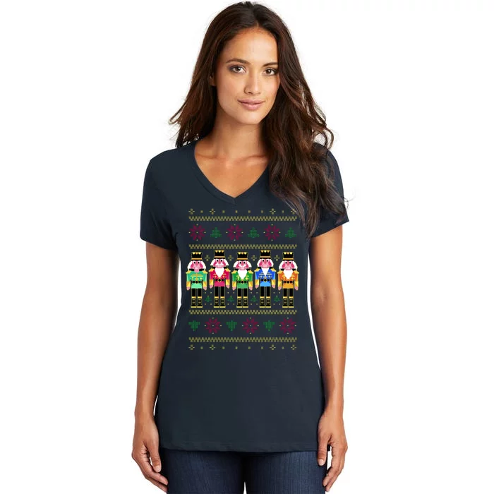 Golden Nutcracker Funny Jolly & Merry Ugly Christmas Women's V-Neck T-Shirt