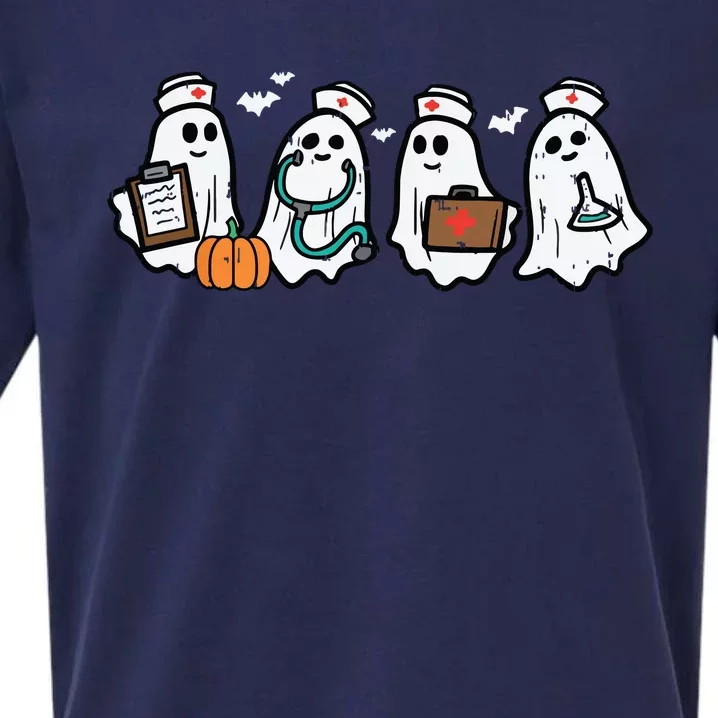 Ghost Nurses Halloween Crew Funny Costume Scrub Top Women Sueded Cloud Jersey T-Shirt