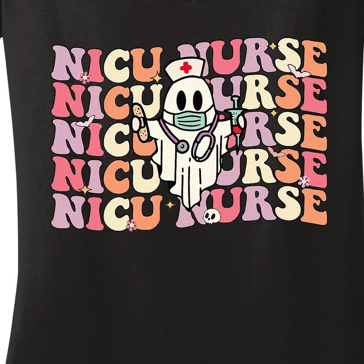 Groovy NICU Nurse Halloween Ghost Costume Neonatal Nurse Women's V-Neck T-Shirt