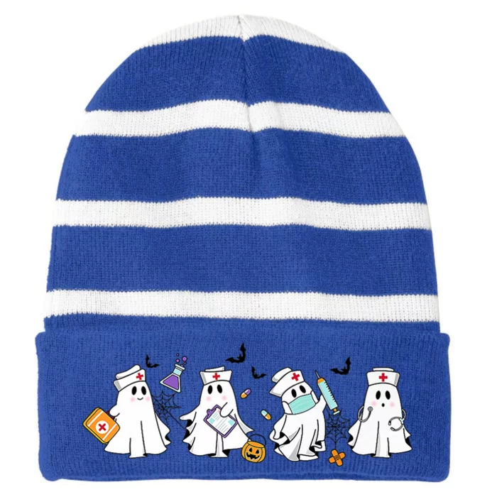 Ghost Nurses Nurse Halloween For Nurse Spooky Season Trick Gift Striped Beanie with Solid Band