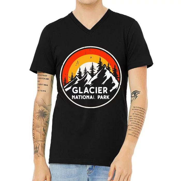 Glacier National Park Mountain Trees & Sun Camping Hiking V-Neck T-Shirt