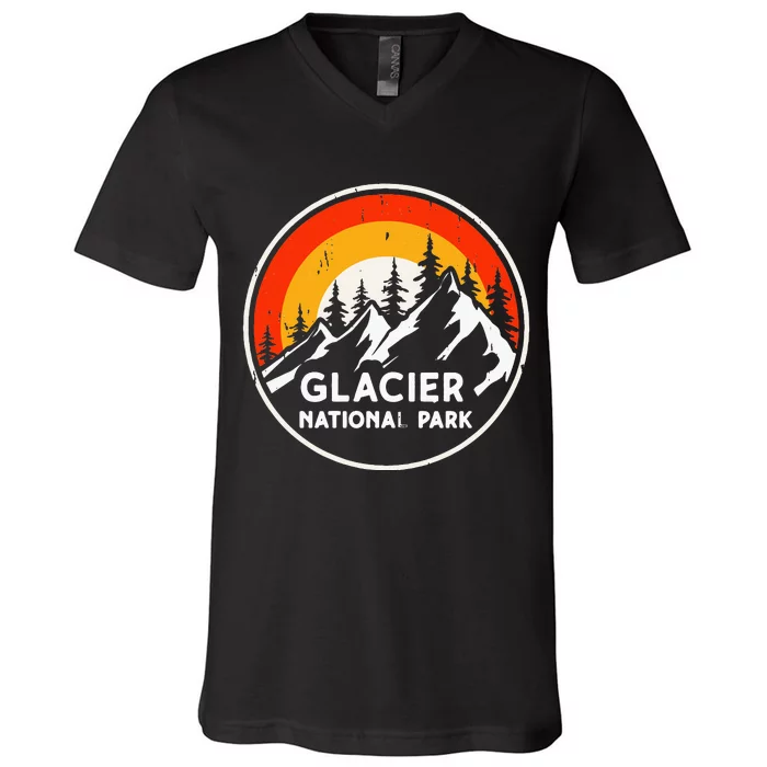 Glacier National Park Mountain Trees & Sun Camping Hiking V-Neck T-Shirt