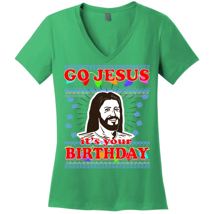 Go Jesus It's Your Birthday Ugly Christmas Women's V-Neck T-Shirt