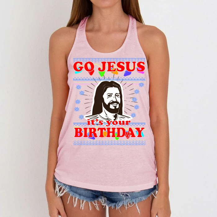 Go Jesus It's Your Birthday Ugly Christmas Women's Knotted Racerback Tank