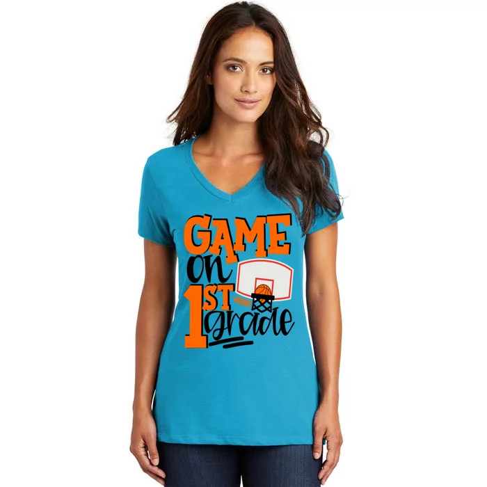 Game On 1St Grade Fun Basketball School Gift Women's V-Neck T-Shirt