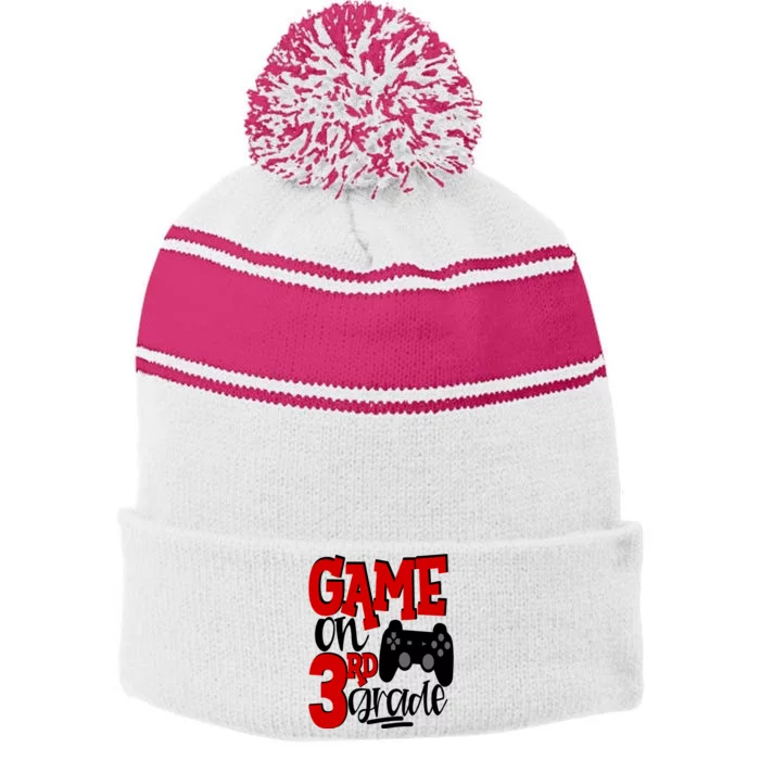 Game On 3Rd Grade Back To School Gamer Third Cute Gift Stripe Pom Pom Beanie