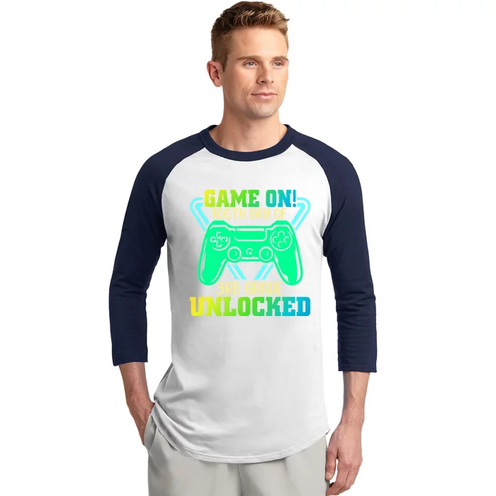 Game On 3Rd Grade Unlocked Video Game Lover 100Th Days Gift Baseball Sleeve Shirt