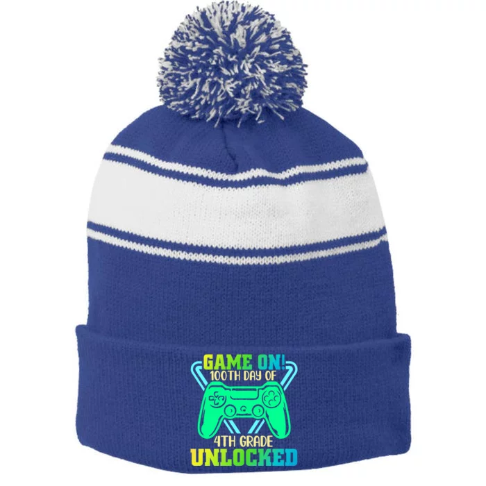 Game On 4Th Grade Unlocked Video Game Lover 100Th Days Gift Stripe Pom Pom Beanie