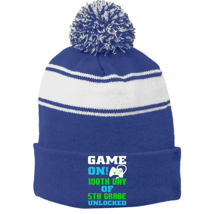 Game On 5Th Grade Unlocked Video Game Lover 100Th Days Funny Gift Stripe Pom Pom Beanie