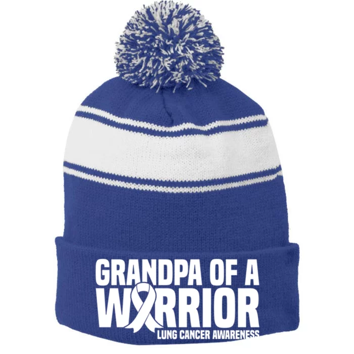 Grandpa Of A Warrior White Ribbon Lung Cancer Awareness Gift Stripe Pom Pom Beanie