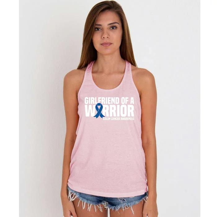 Girlfriend Of A Warrior Blue Ribbon Colon Cancer Awareness Funny Gift Women's Knotted Racerback Tank