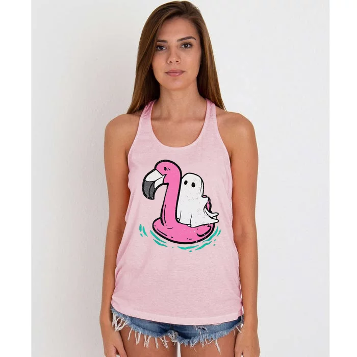 Ghost On A Pool Funny Spooky Summer Summer Ween Women's Knotted Racerback Tank