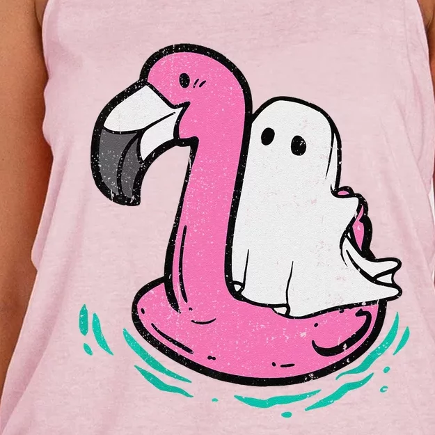 Ghost On A Pool Funny Spooky Summer Summer Ween Women's Knotted Racerback Tank