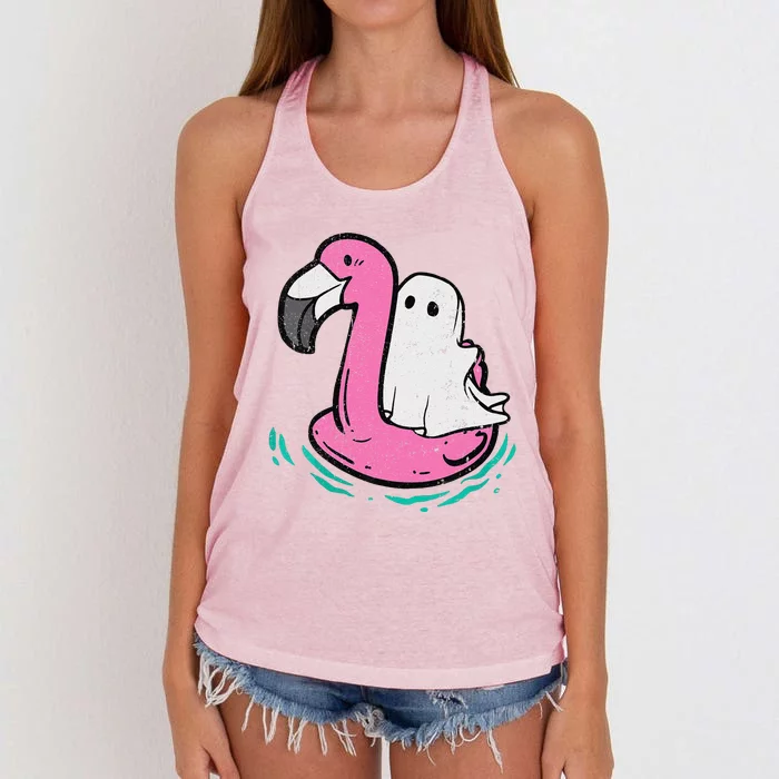 Ghost On A Pool Funny Spooky Summer Summer Ween Women's Knotted Racerback Tank