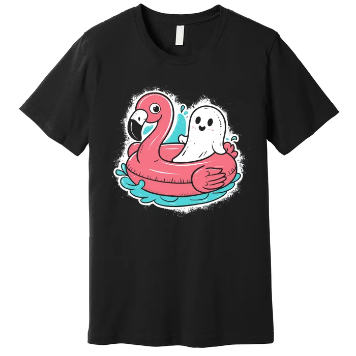 Ghost On A Pool Funny Spooky Summer Summerween Halloween Premium T-Shirt