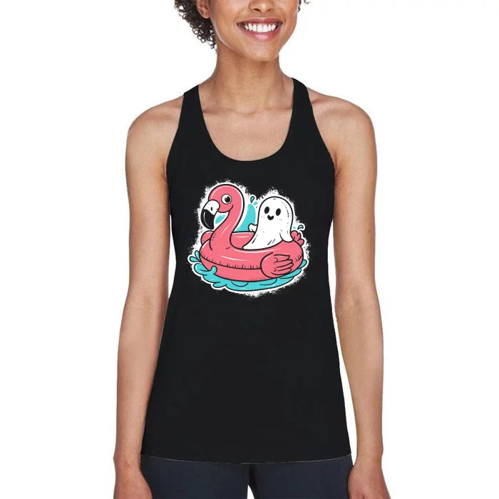 Ghost On A Pool Funny Spooky Summer Summerween Halloween Women's Racerback Tank