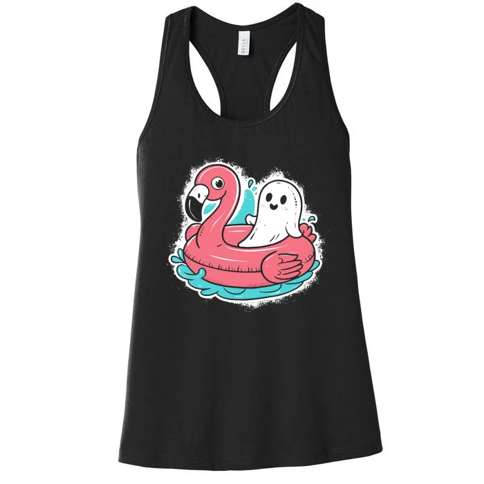 Ghost On A Pool Funny Spooky Summer Summerween Halloween Women's Racerback Tank