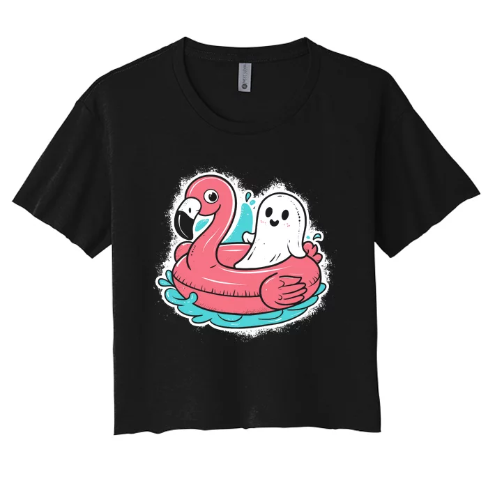 Ghost On A Pool Funny Spooky Summer Summerween Halloween Women's Crop Top Tee