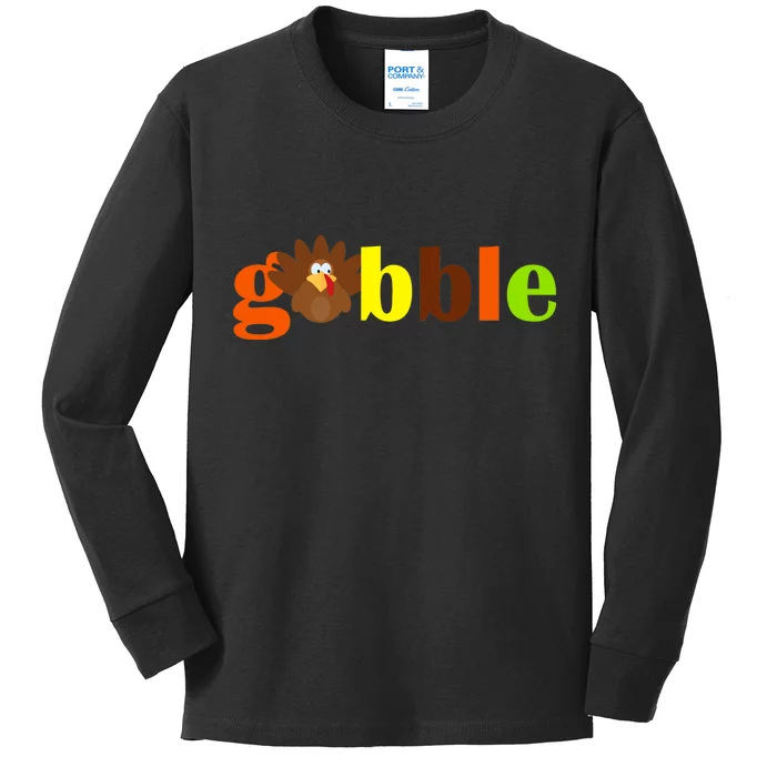 Gobble Cute Turkey Thanksgiving Kids Long Sleeve Shirt