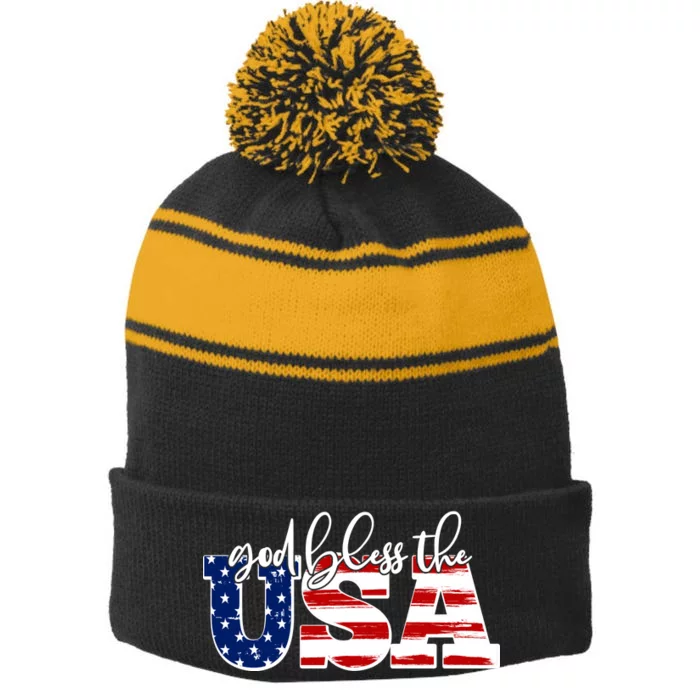 God Bless The USA American Flag Stripe Pom Pom Beanie