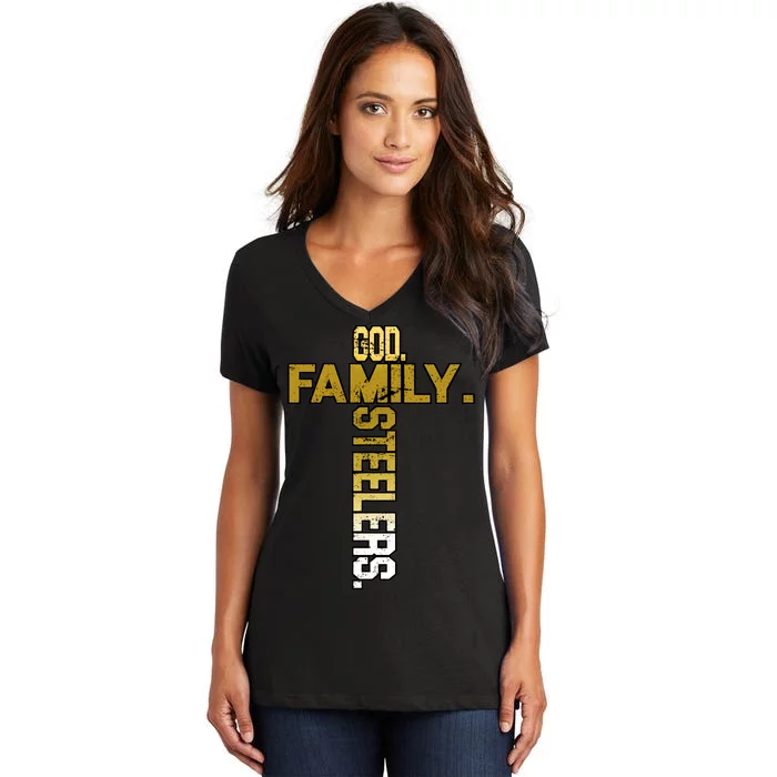 God Family Steelers Women's V-Neck T-Shirt