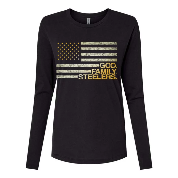 God Family Steelers American Football Flag Womens Cotton Relaxed Long Sleeve T-Shirt