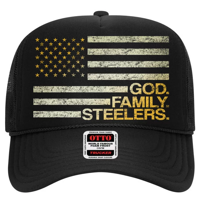 God Family Steelers American Football Flag High Crown Mesh Trucker Hat