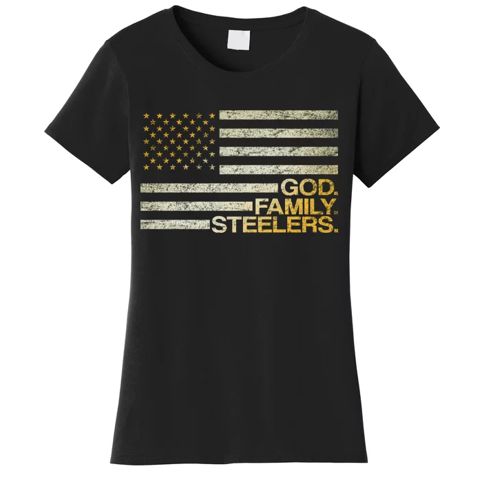 God Family Steelers American Football Flag Women's T-Shirt