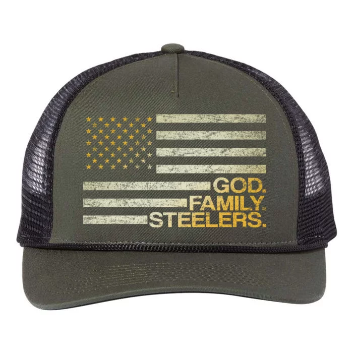 God Family Steelers American Football Flag Retro Rope Trucker Hat Cap