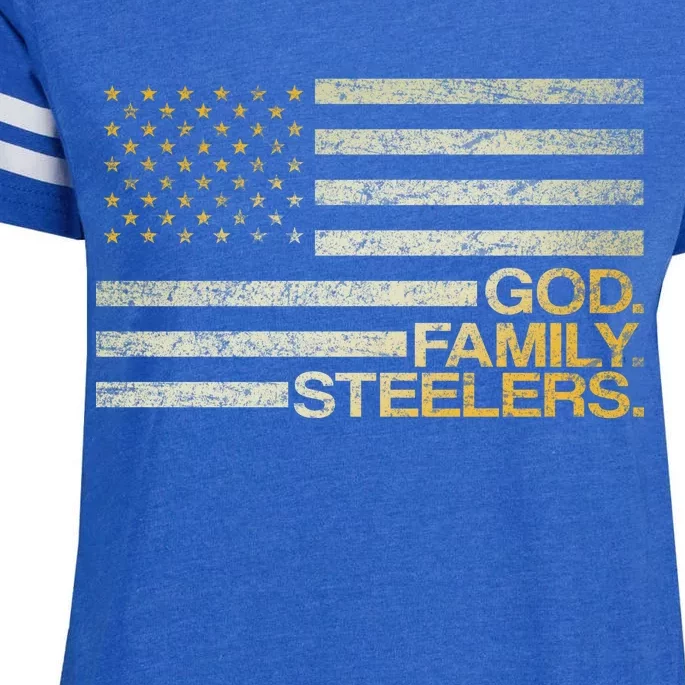 God Family Steelers American Football Flag Enza Ladies Jersey Football T-Shirt