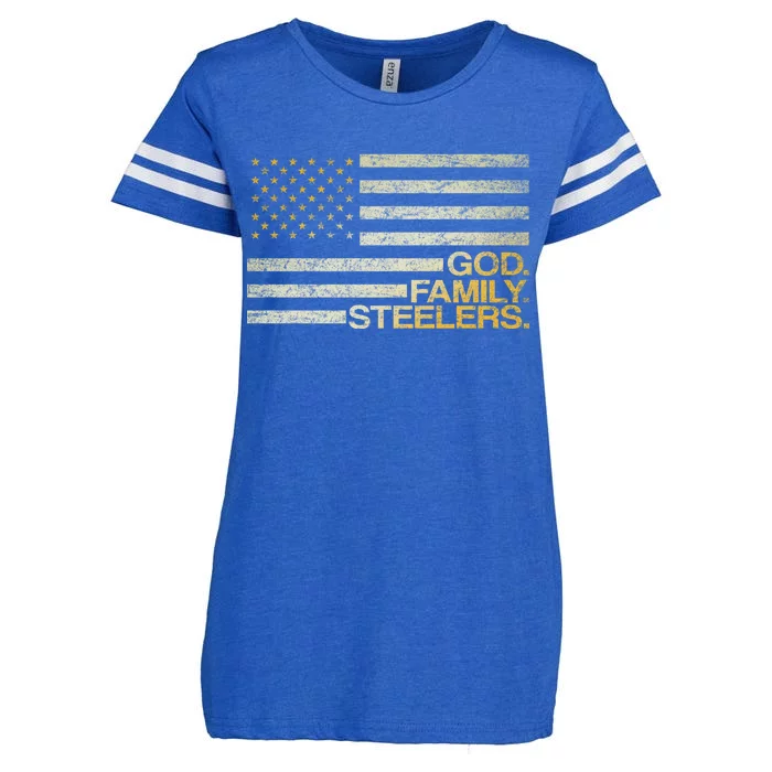 God Family Steelers American Football Flag Enza Ladies Jersey Football T-Shirt