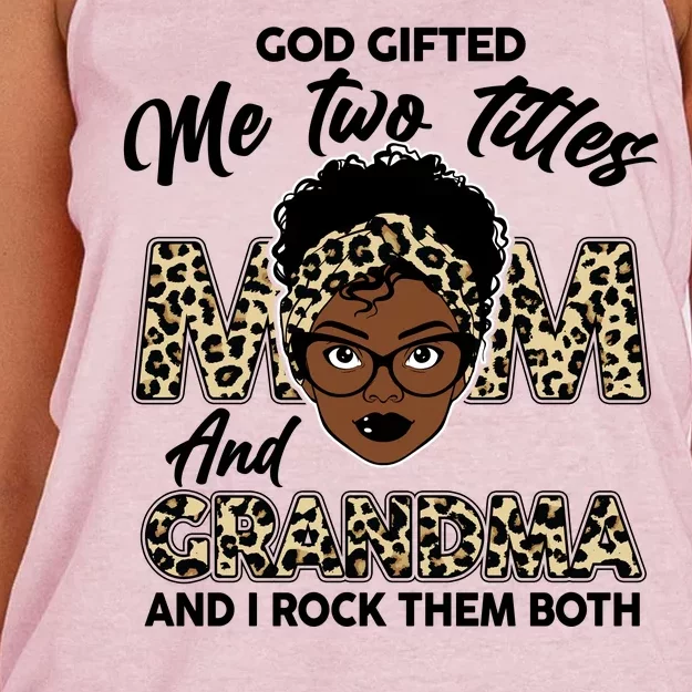 God Gifted Me Two Titles Mom and Grandma Leopard Style Women's Knotted Racerback Tank