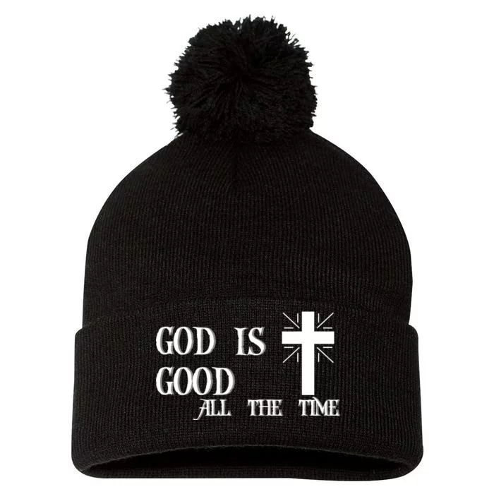 God Is Good All The Time With Cross Pom Pom 12in Knit Beanie