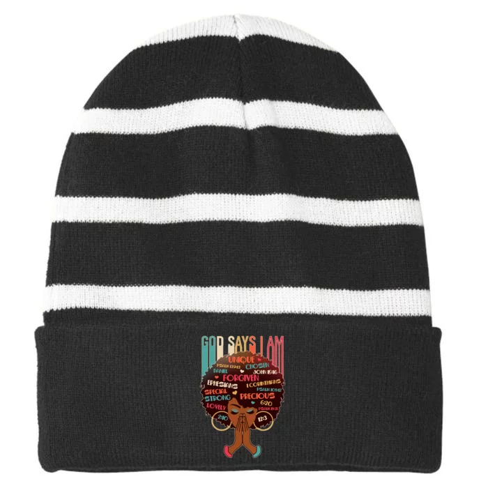 God Says I Am Praying Black Woman Striped Beanie with Solid Band