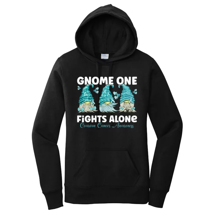 Gnome One Fights Alone Teal Ovarian Cancer Awareness Women's Pullover Hoodie