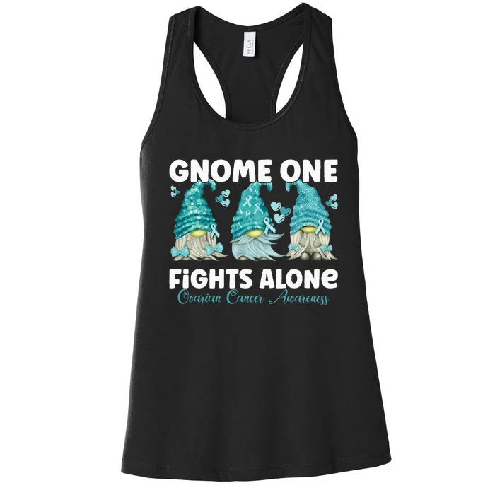 Gnome One Fights Alone Teal Ovarian Cancer Awareness Women's Racerback Tank