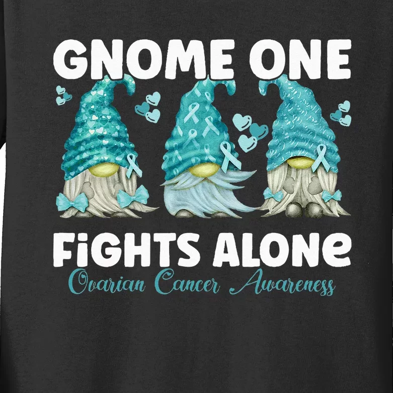 Gnome One Fights Alone Teal Ovarian Cancer Awareness Kids Long Sleeve Shirt