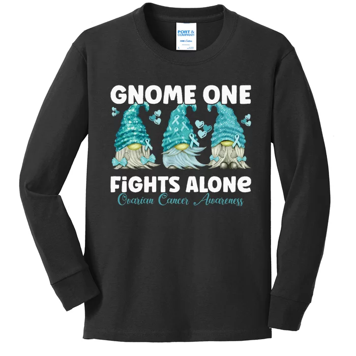 Gnome One Fights Alone Teal Ovarian Cancer Awareness Kids Long Sleeve Shirt