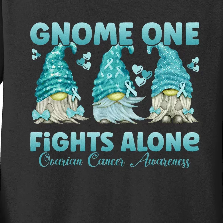 Gnome One Fights Alone Teal Ovarian Cancer Awareness Kids Long Sleeve Shirt