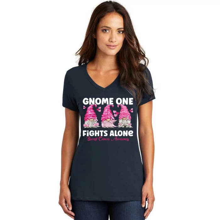 Gnome One Fights Alone Pink Breast Cancer Awareness Women's V-Neck T-Shirt