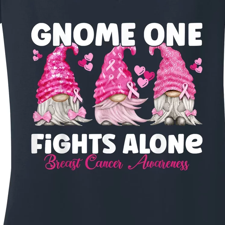 Gnome One Fights Alone Pink Breast Cancer Awareness Women's V-Neck T-Shirt