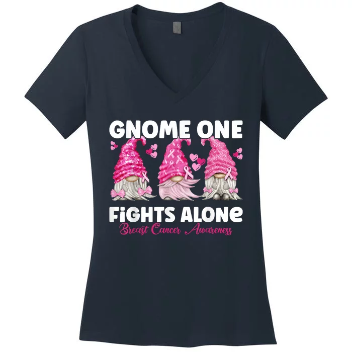 Gnome One Fights Alone Pink Breast Cancer Awareness Women's V-Neck T-Shirt