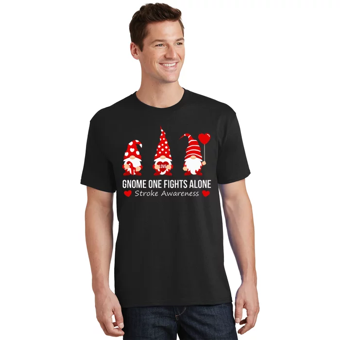 Gnome One Fights Alone Stroke Awareness Red Ribbon Survivor T-Shirt