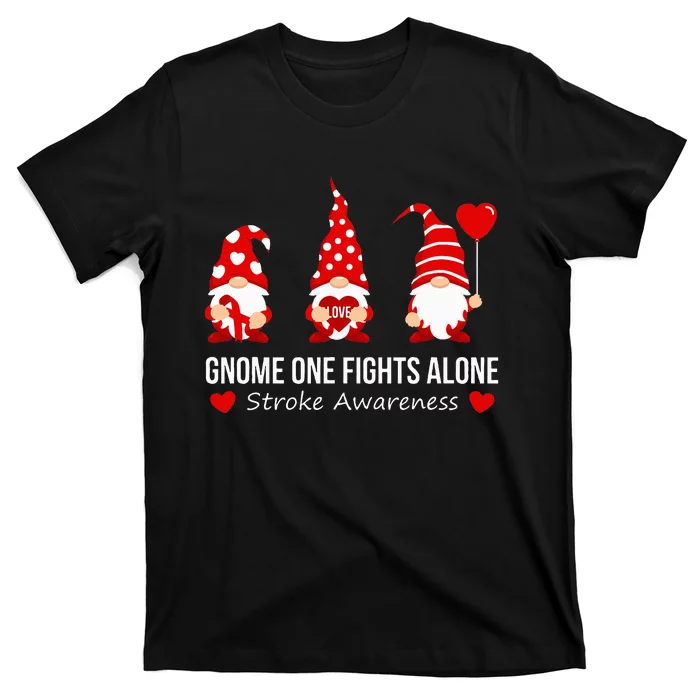 Gnome One Fights Alone Stroke Awareness Red Ribbon Survivor T-Shirt