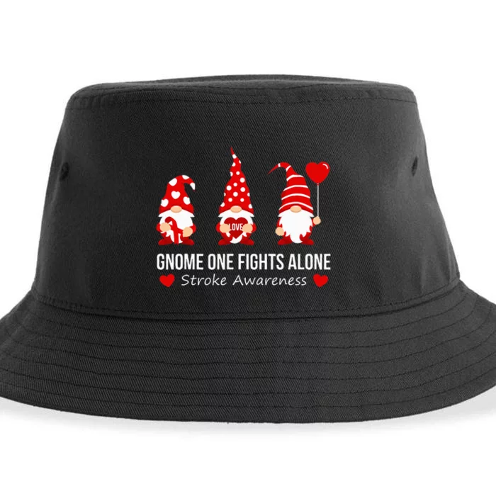 Gnome One Fights Alone Stroke Awareness Red Ribbon Survivor Sustainable Bucket Hat