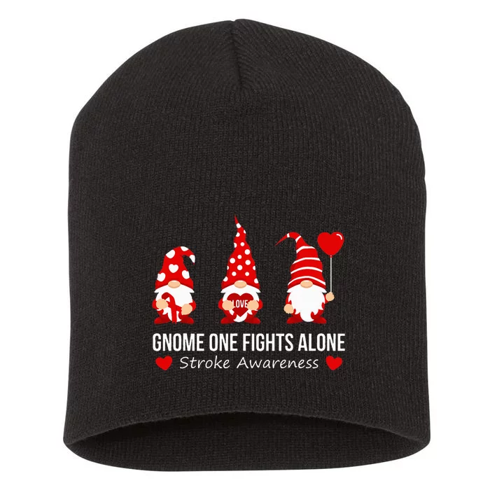 Gnome One Fights Alone Stroke Awareness Red Ribbon Survivor Short Acrylic Beanie