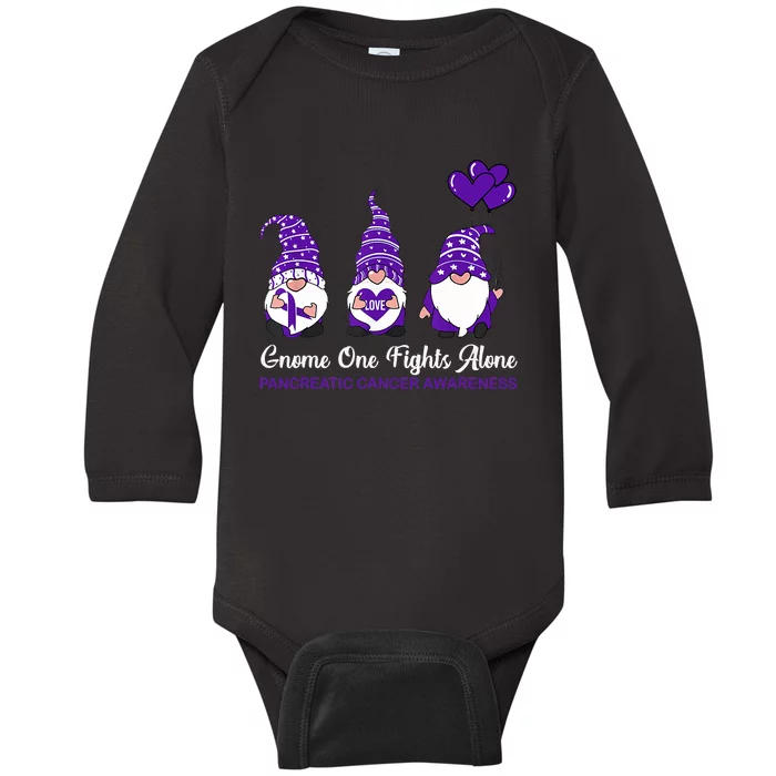 Gnome One Fights Alone Pancreatic Cancer Awareness Ribbon Baby Long Sleeve Bodysuit