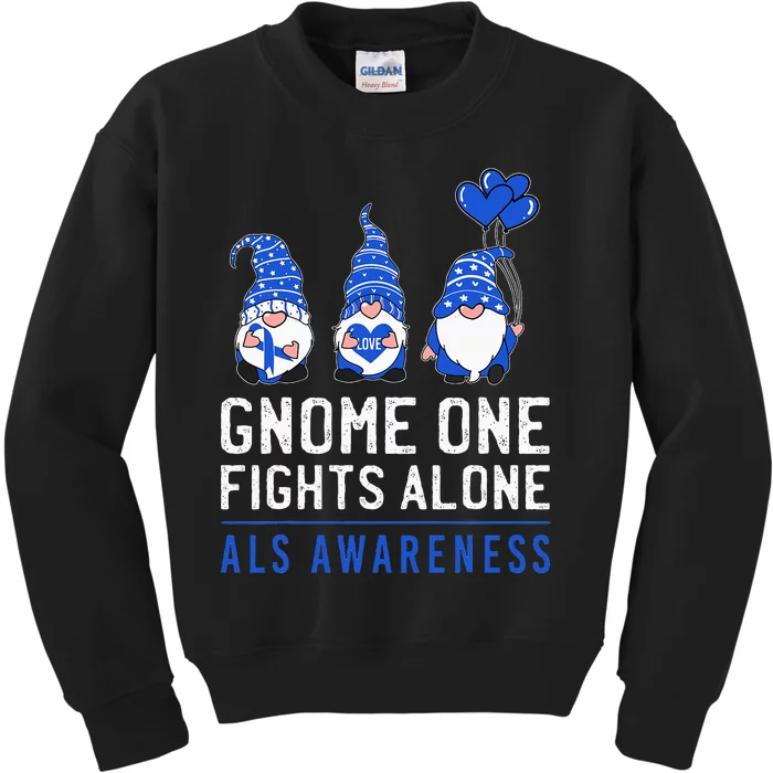 Gnome One Fights Alone ALS Awareness Month Ribbon Support Kids Sweatshirt