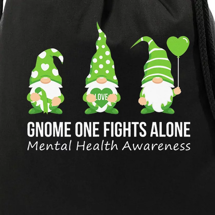 Gnome One Fights Alone Mental Health Awareness Green Ribbon Drawstring Bag