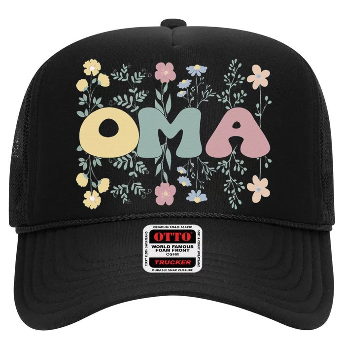 Groovy Oma Grandmother Flowers Oma Grandma High Crown Mesh Trucker Hat